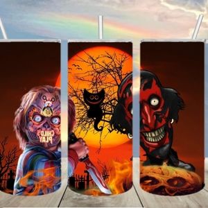 Chucky n Night Demon in hells fire Halloween tumbler